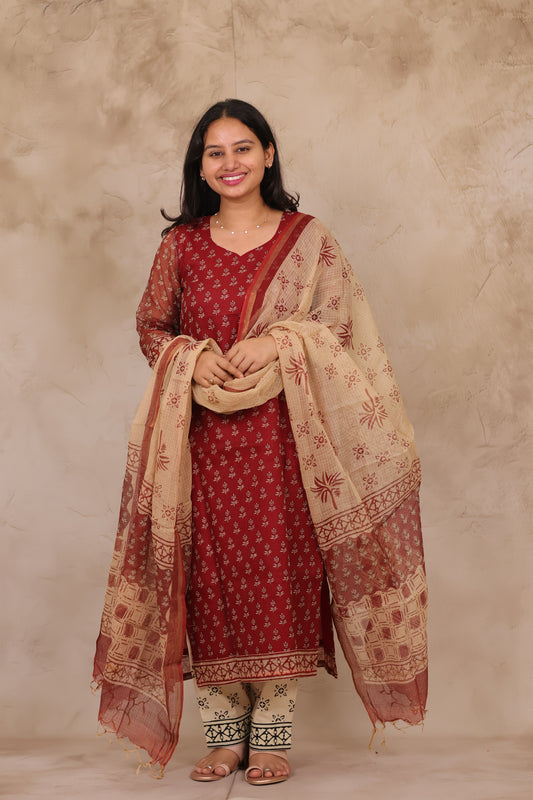 Maroon Handblock printed kota 3 piece suit (stitched)