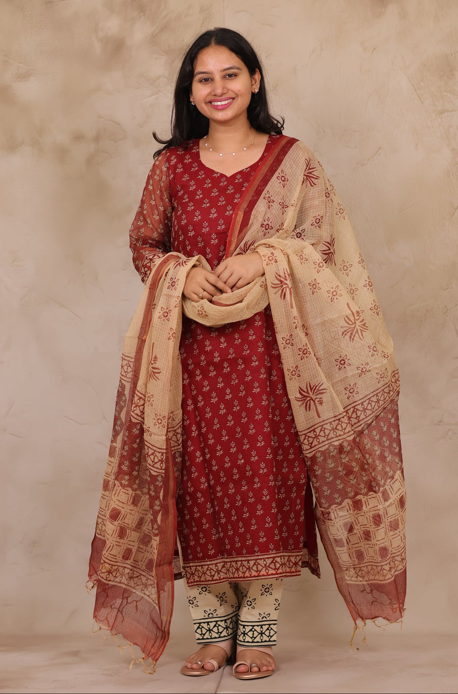 Maroon Handblock printed kota 3 piece suit (stitched)