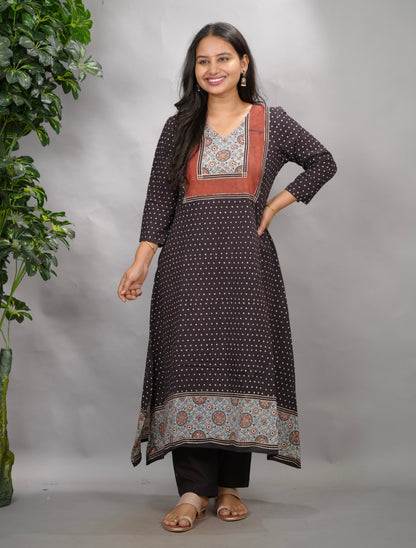 Black Ajrakh Pattern Hand Block printed Aline Kurti | Looms & Tassels