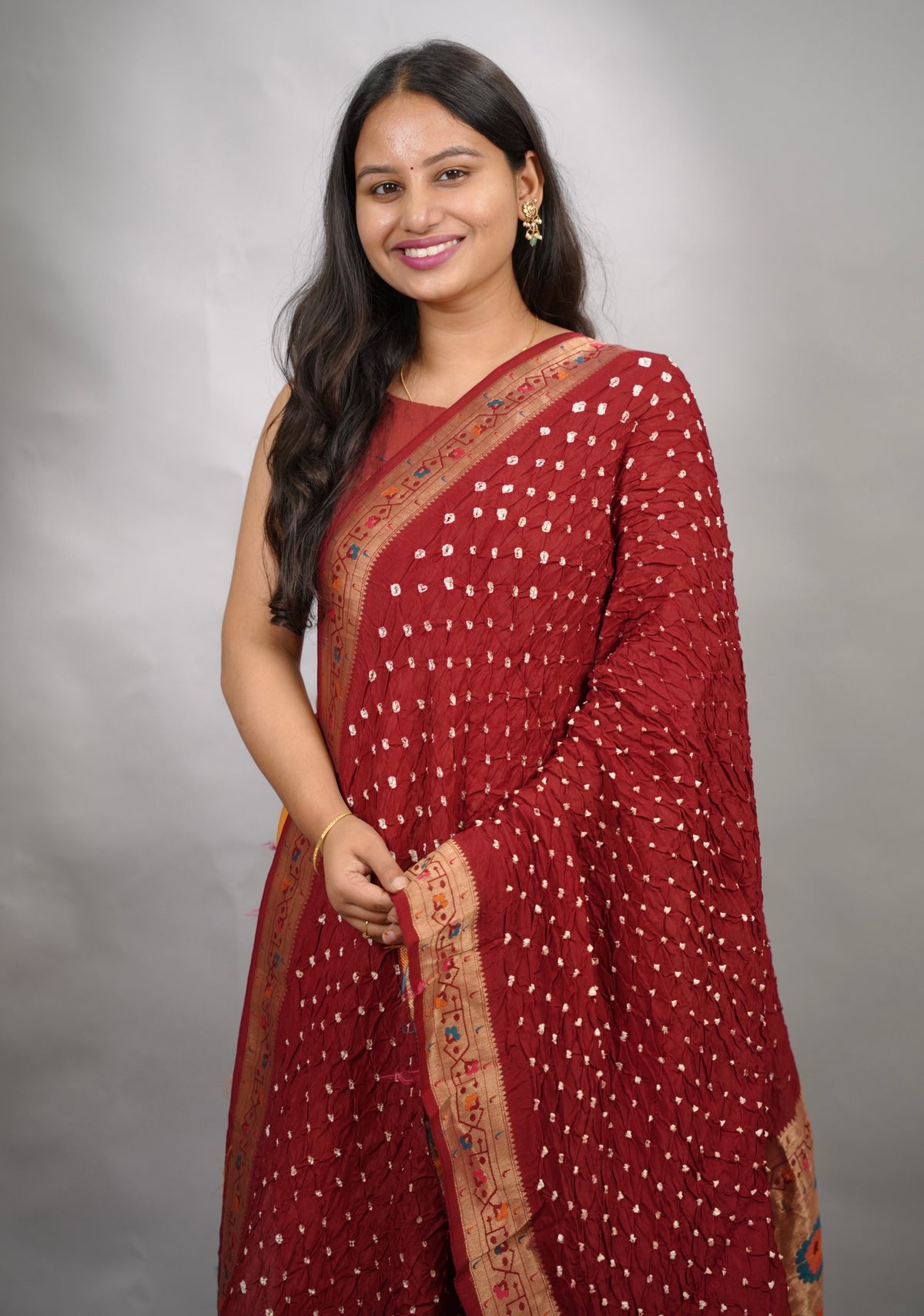 Maroon Handcrafted Bandhani Paithani Dola Silk Saree | Looms & Tassels