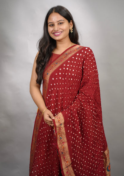 Maroon Handcrafted Bandhani Paithani Dola Silk Saree | Looms & Tassels