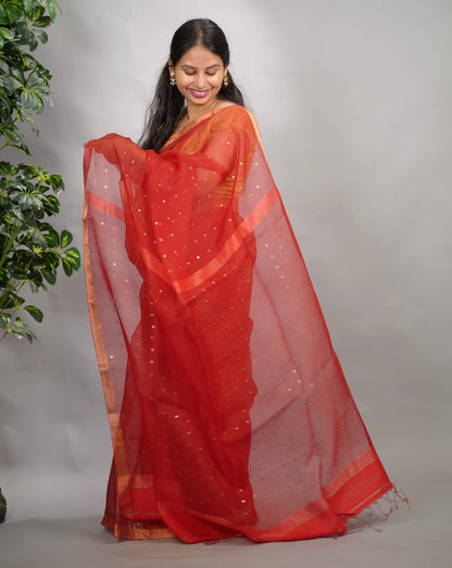 Red Handwoven Muslin Silk Saree With Sequence Work | Looms & Tassels