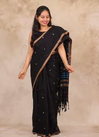 Black Narayanpet Cotton Saree With Butta Weaving | Looms & Tassels