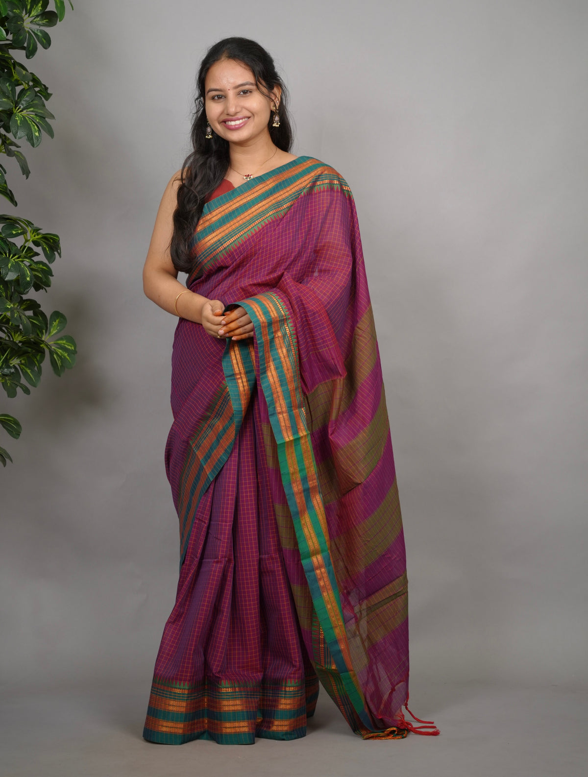 Magenta Checks Narayanpet Cotton Saree with Traditional contrast Border | Looms & Tassels
