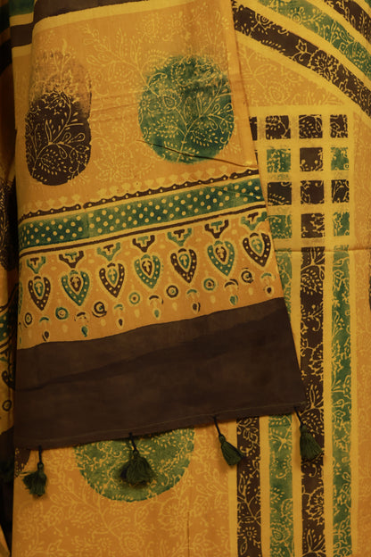 Yellow Ajrakh Handblock Printed Pure Cotton 3 piece suit set | Looms & Tassels