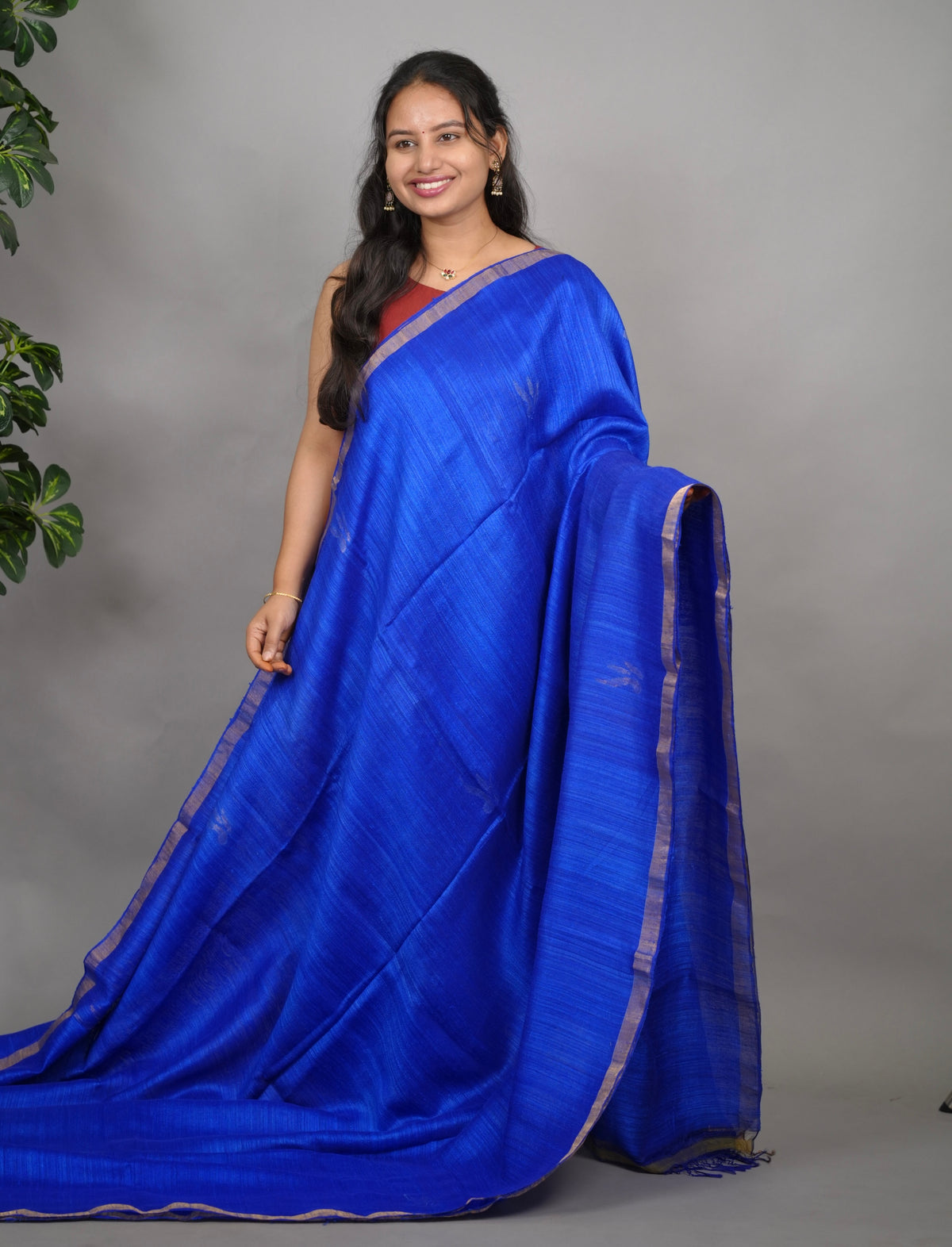 Blue Handloom Jamdhani Pure Matka Silk Saree with Muslin Silk Pallu