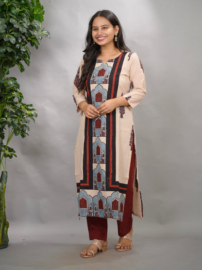 Cream Ajrakh Pattern Hand Block printed Kurti | Looms & Tassels