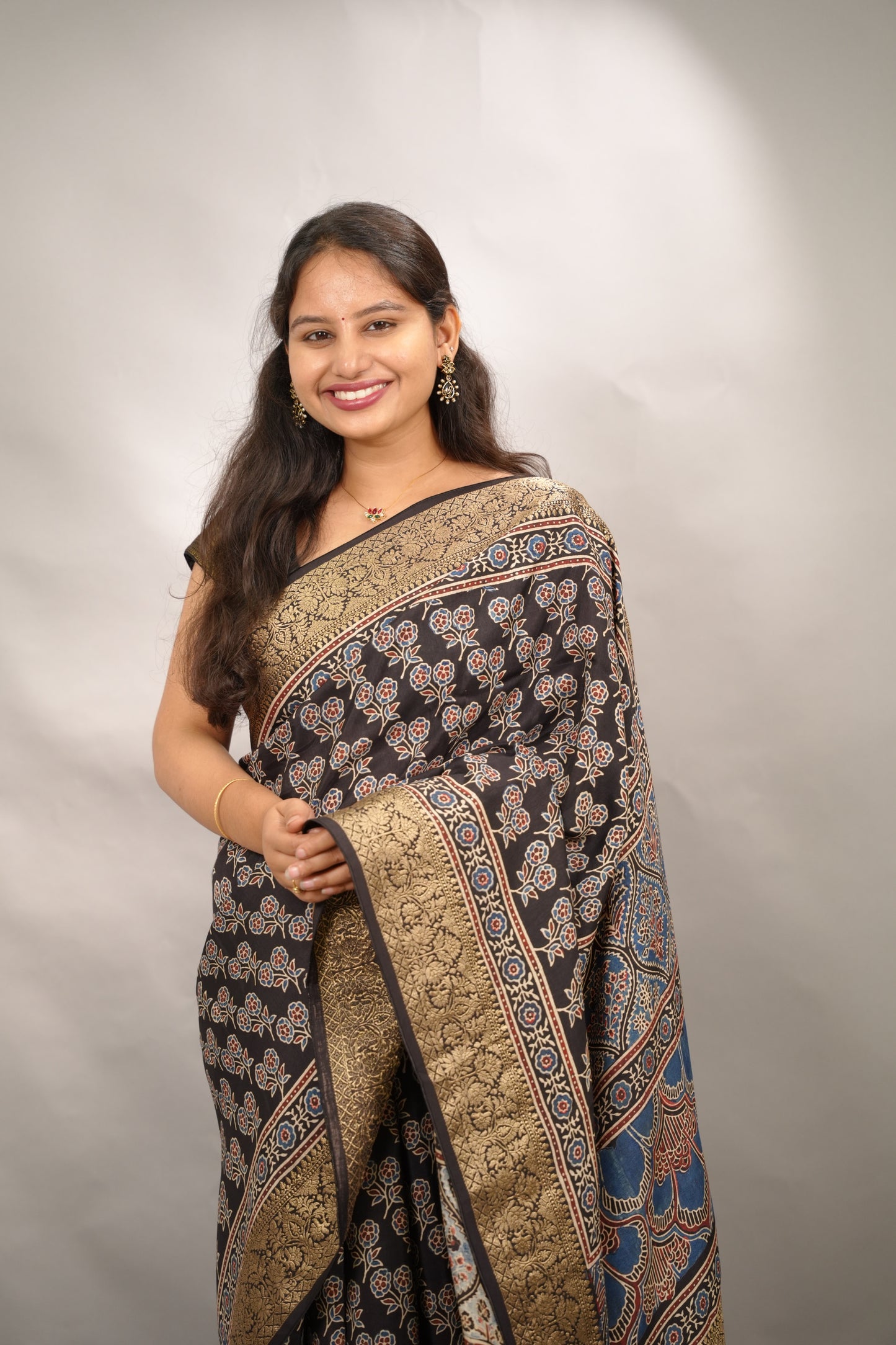 Black Ajrakh Handblock printed Dola Silk Saree | Looms & Tassels