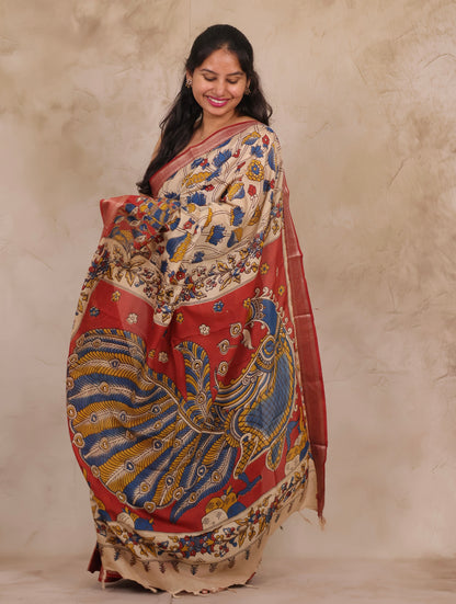 Cream Lotus Story Telling Kalamkari Nizam Border Chennur Silk Saree | Looms & Tassels