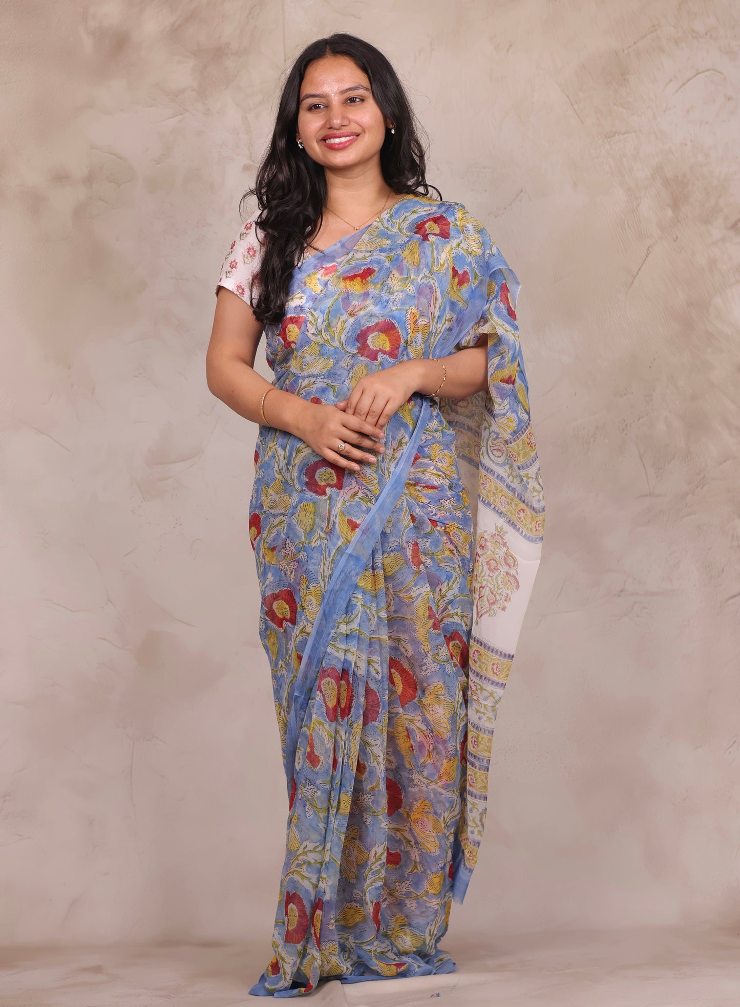 Ice Blue Chiffon Hand Block Printed Saree | Looms & Tassels