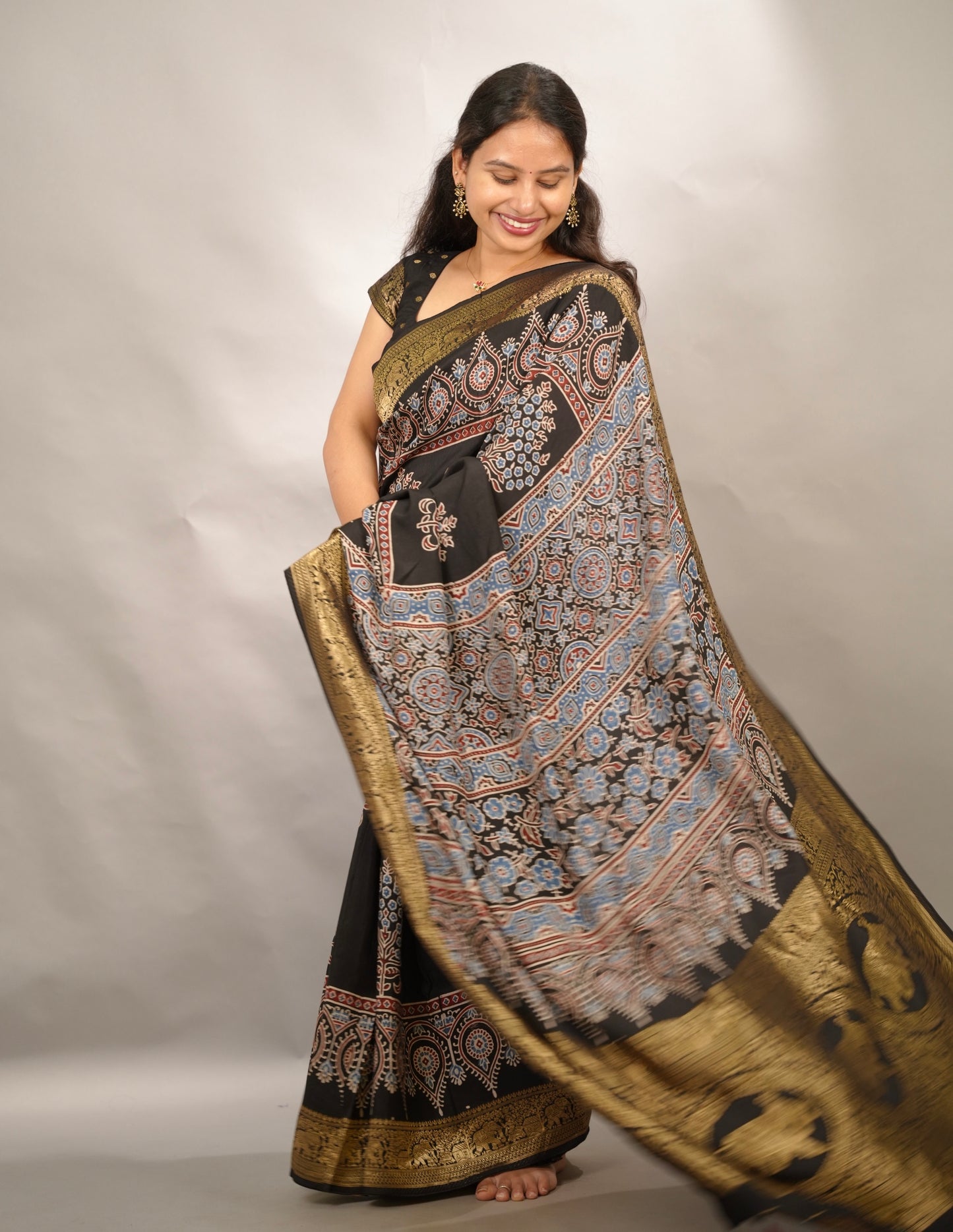 Black Ajrakh Handblock printed Dola Silk Saree | Looms & Tassels
