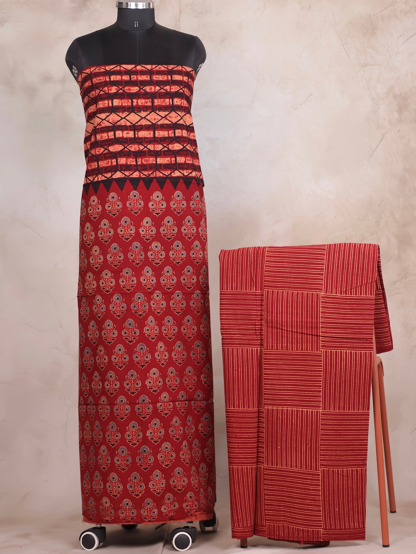 Maroon Ajrakh Handblock Printed Pure Cotton 3 piece suit set | Looms & Tassels