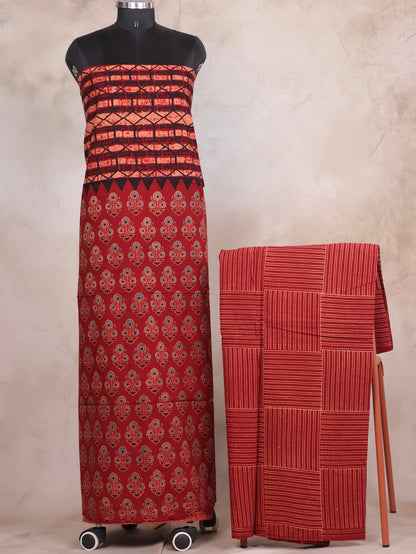 Maroon Ajrakh Handblock Printed Pure Cotton 3 piece suit set | Looms & Tassels