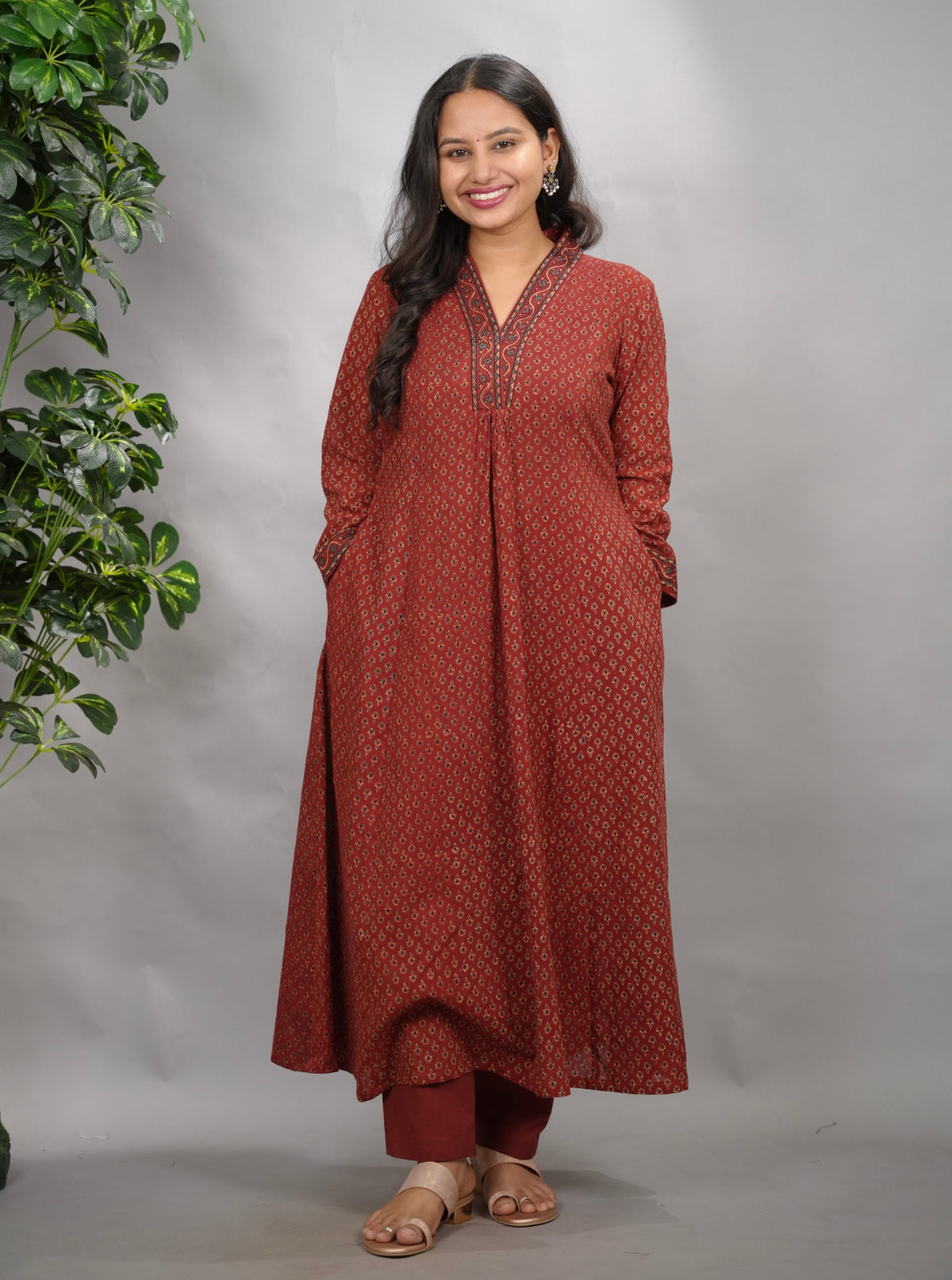 Rust Maroon Butti Ajrakh Cotton Kali Kurta | Looms & Tassels