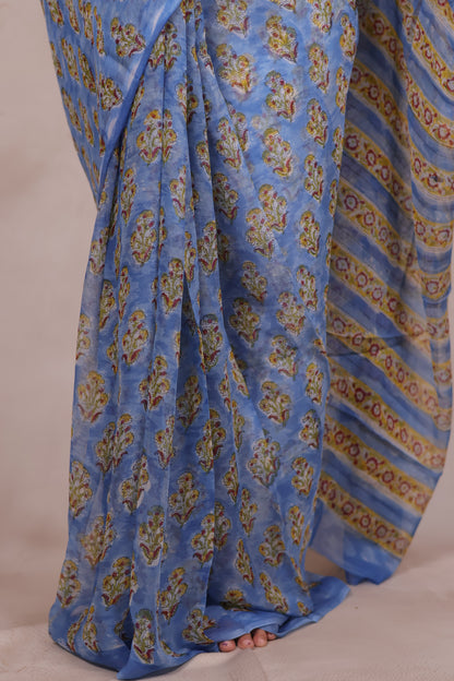 Blue Chiffon Hand Block Printed Saree | Looms & Tassels