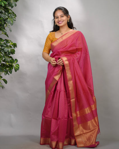 Pink Checks Handloom Maheswari Silk Cotton Sarees | Looms & Tassels