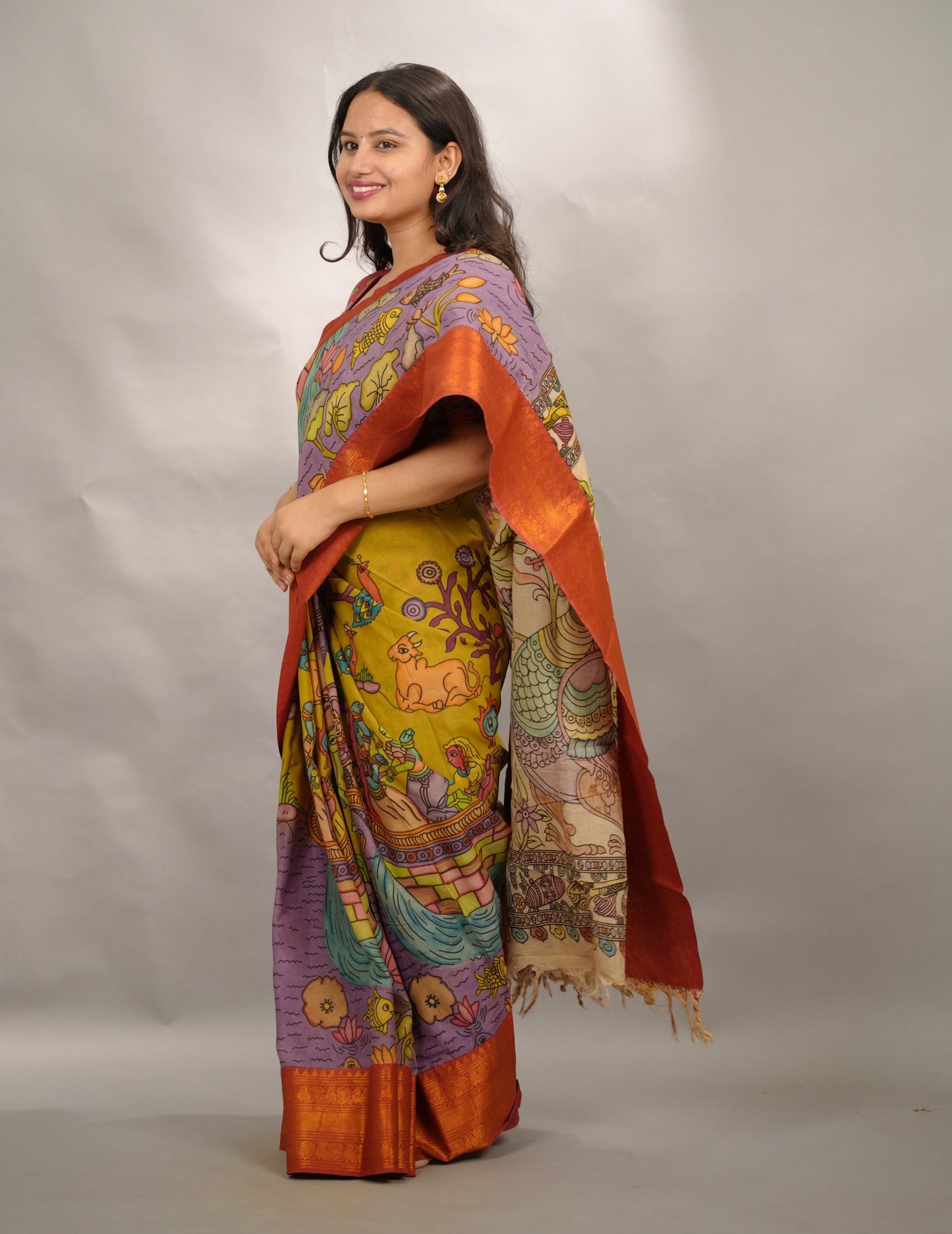 Yellow Hand Drawn Pen Kalamkari  Bangalore Silk Kanchi Border Saree | Looms & Tassels