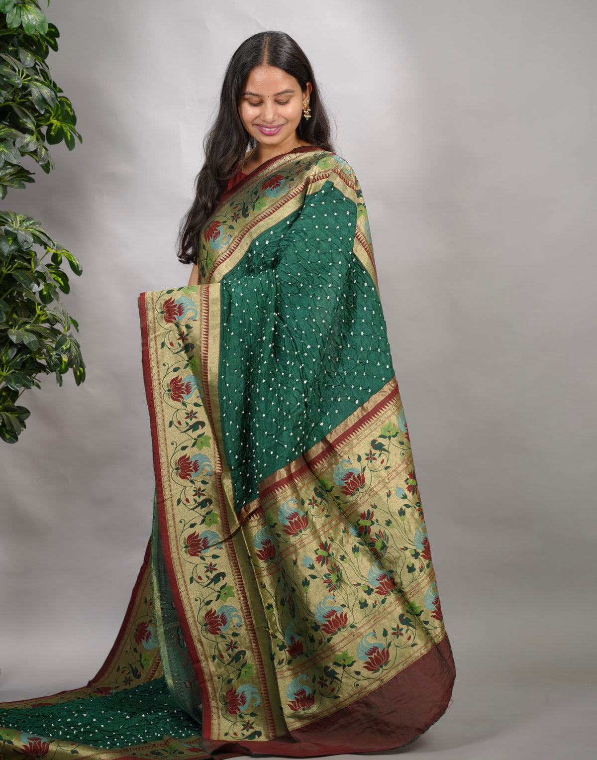 Green Handcrafted Bandhani Paithani Dola Silk Saree | Looms & Tassels
