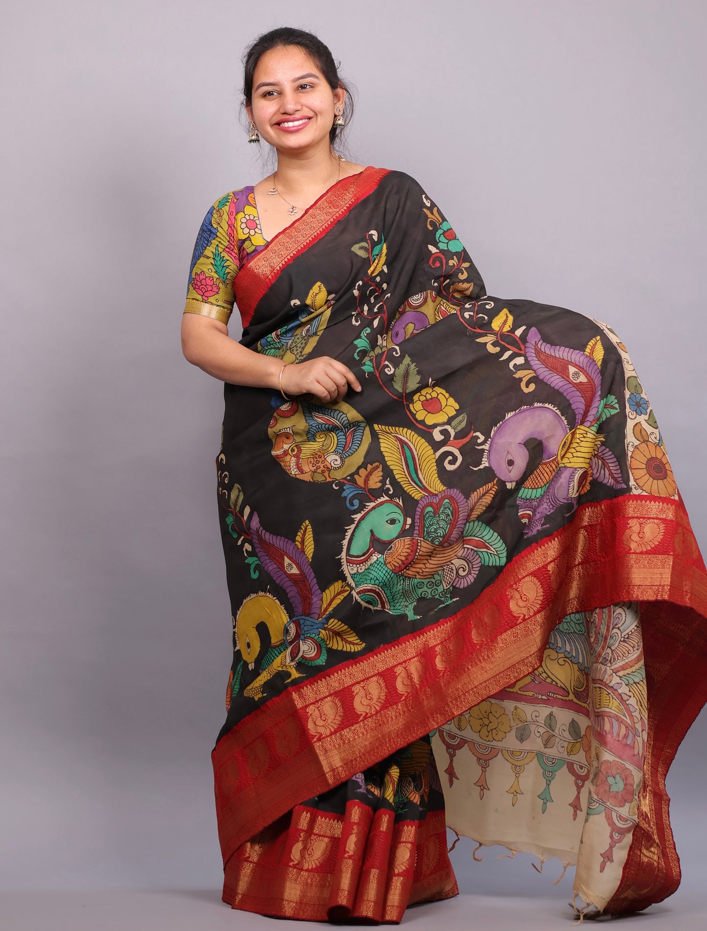 Black Hand Painted Pen Kalamkari Silk Saree