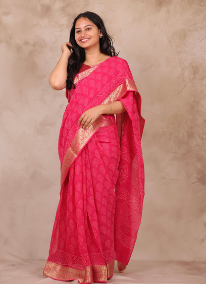 Pink Chiffon Hand Block Printed Saree with Jari Border | Looms & Tassels
