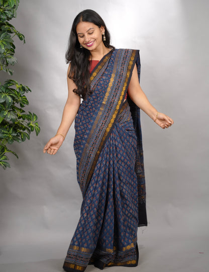 Indigo Ajrakh Hand Block Printed Sungudi Cotton Saree | Looms & Tassels