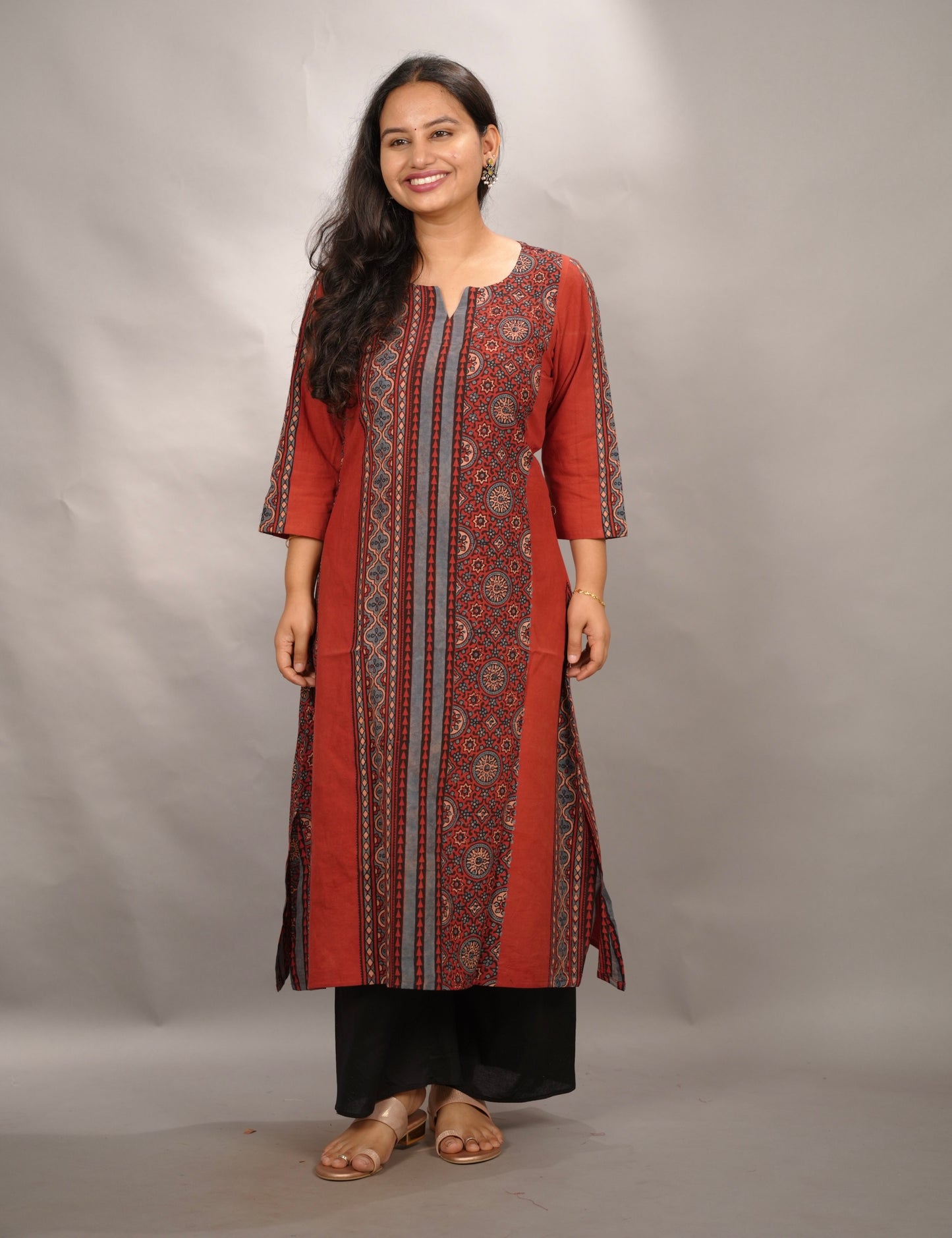 Red Ajrakh Pattern Hand Block printed Kurti | Looms & Tassels