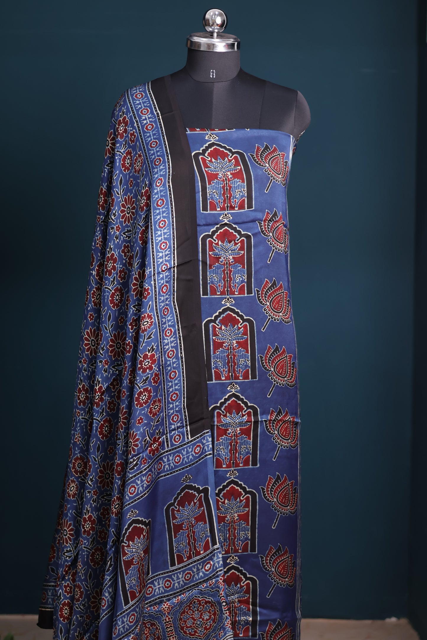 Indigo Handblock printed Ajrakh modal silk 2 piece suit set