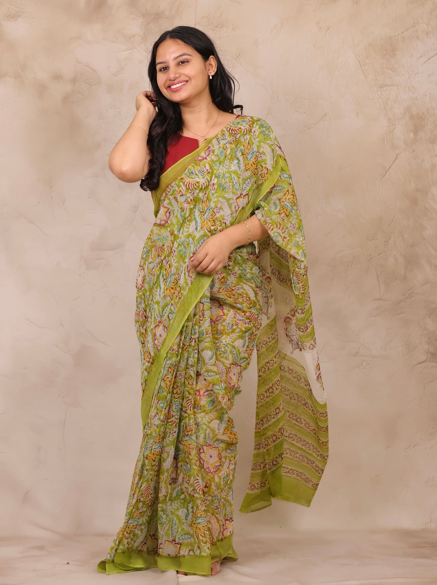 Green Chiffon Hand Block Printed Saree | Looms & Tassels