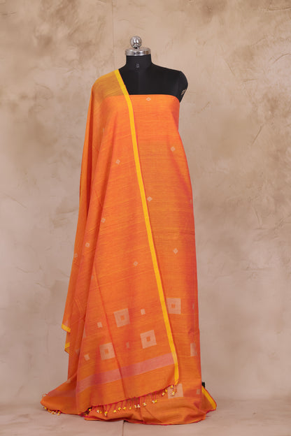 Orange Handwoven Jamdhani weaving pure Mercerised Malai cotton 2 piece suit sets | Looms & Tassels