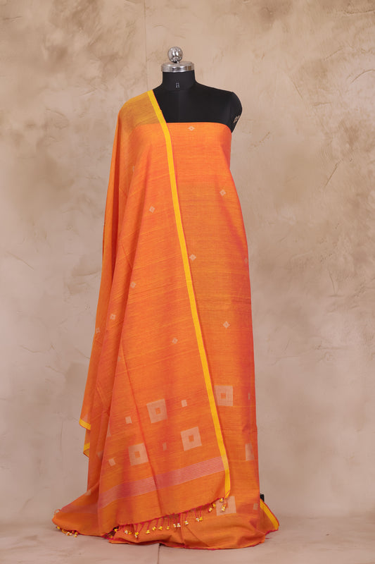Orange Handwoven Jamdhani weaving pure Mercerised Malai cotton 2 piece suit sets | Looms & Tassels