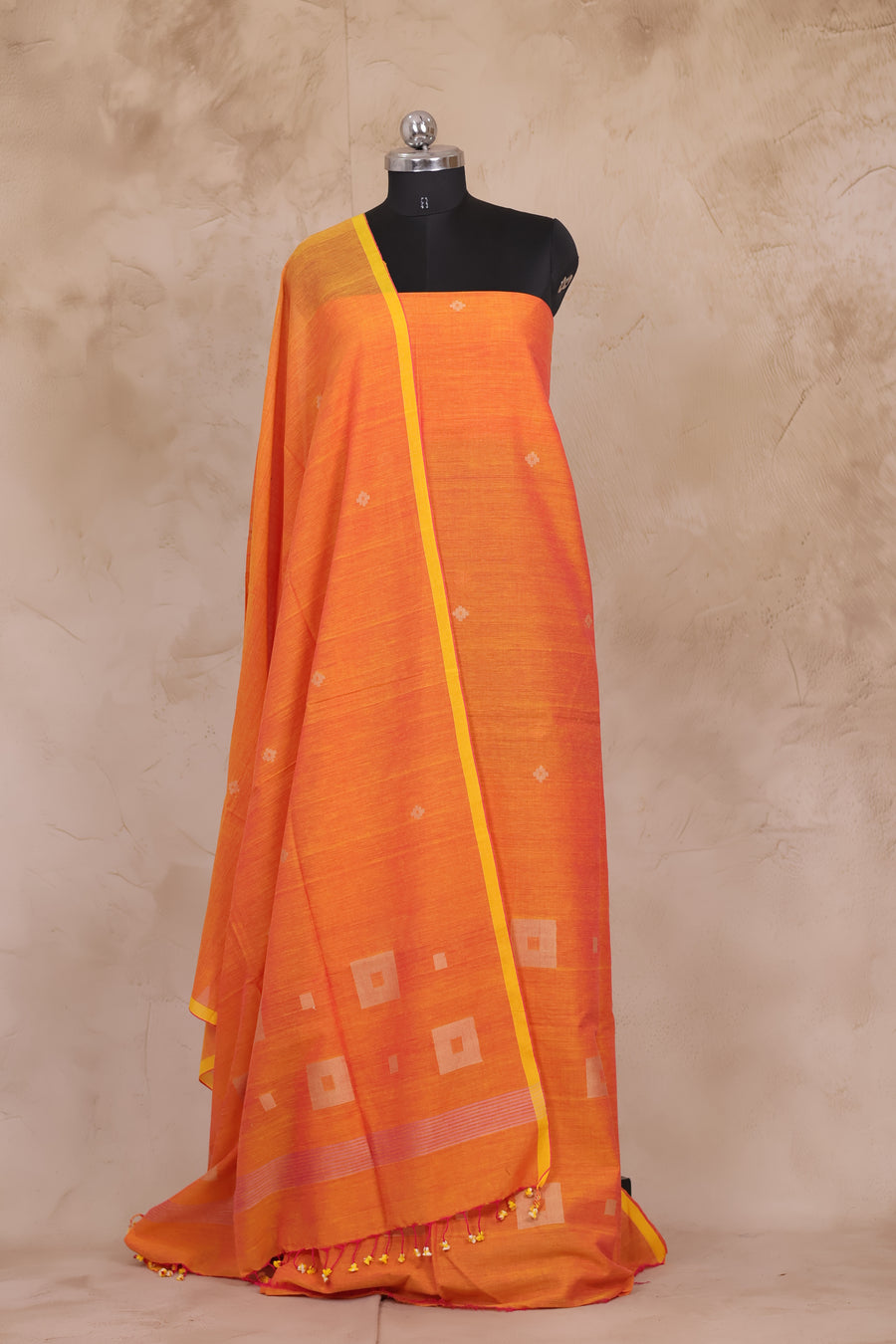 Orange Handwoven Jamdhani weaving pure Mercerised Malai cotton 2 piece suit sets | Looms & Tassels