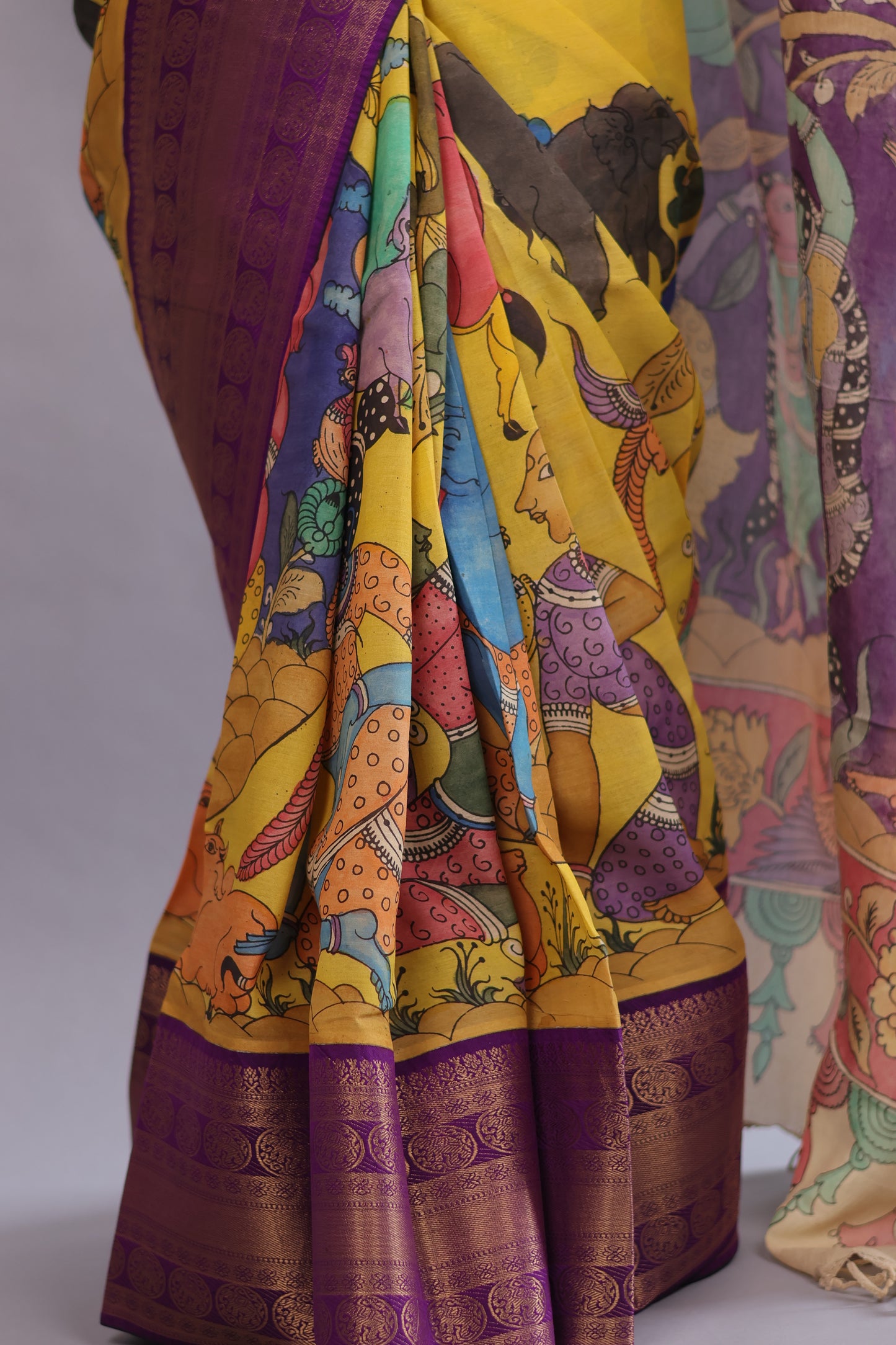 Yellow Hand Painted Pen Kalamkari Silk Saree