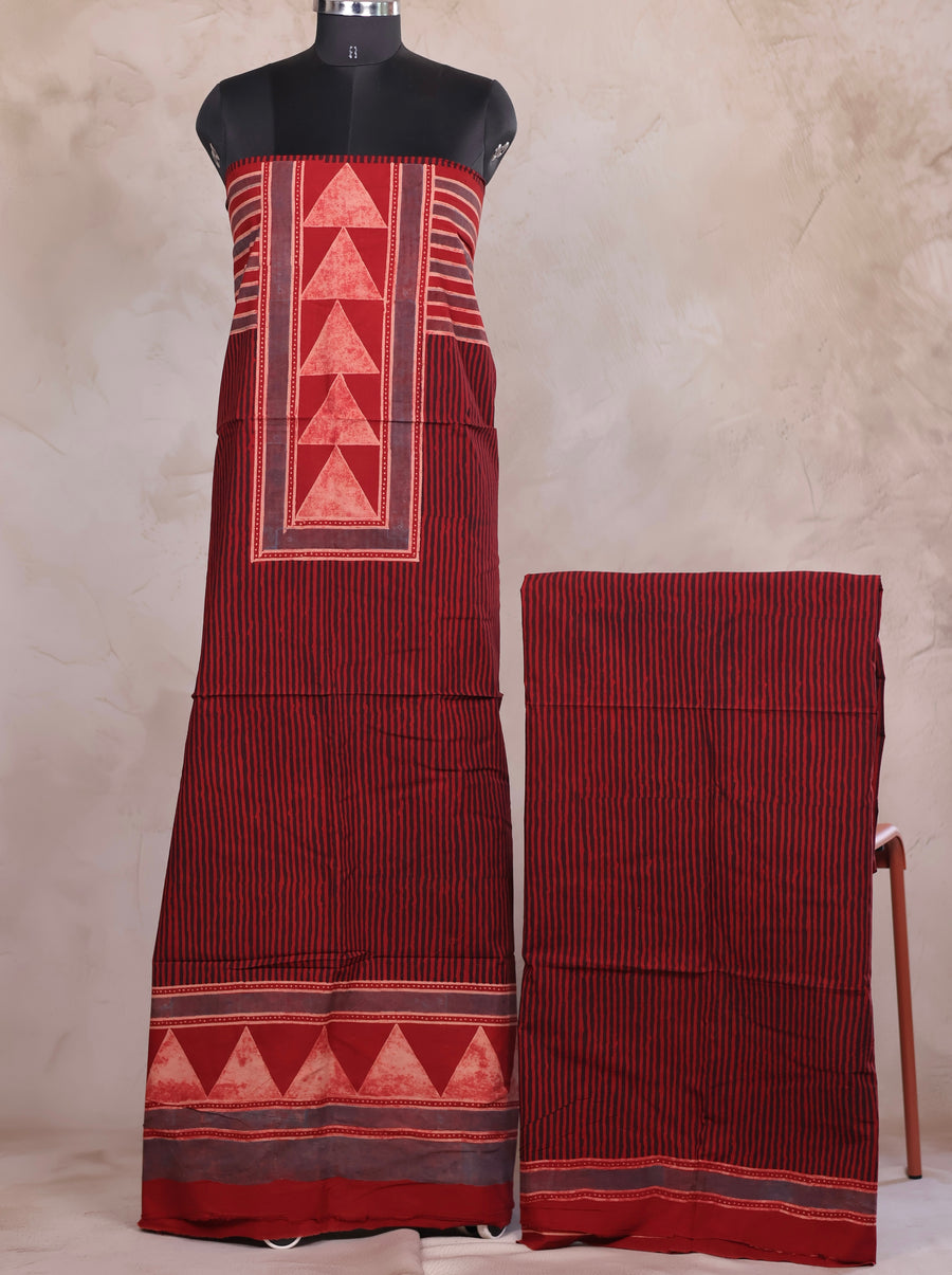 Maroon Stripes Ajrakh Handblock Printed Pure Cotton 2 Piece Suit Set | Looms & Tassels