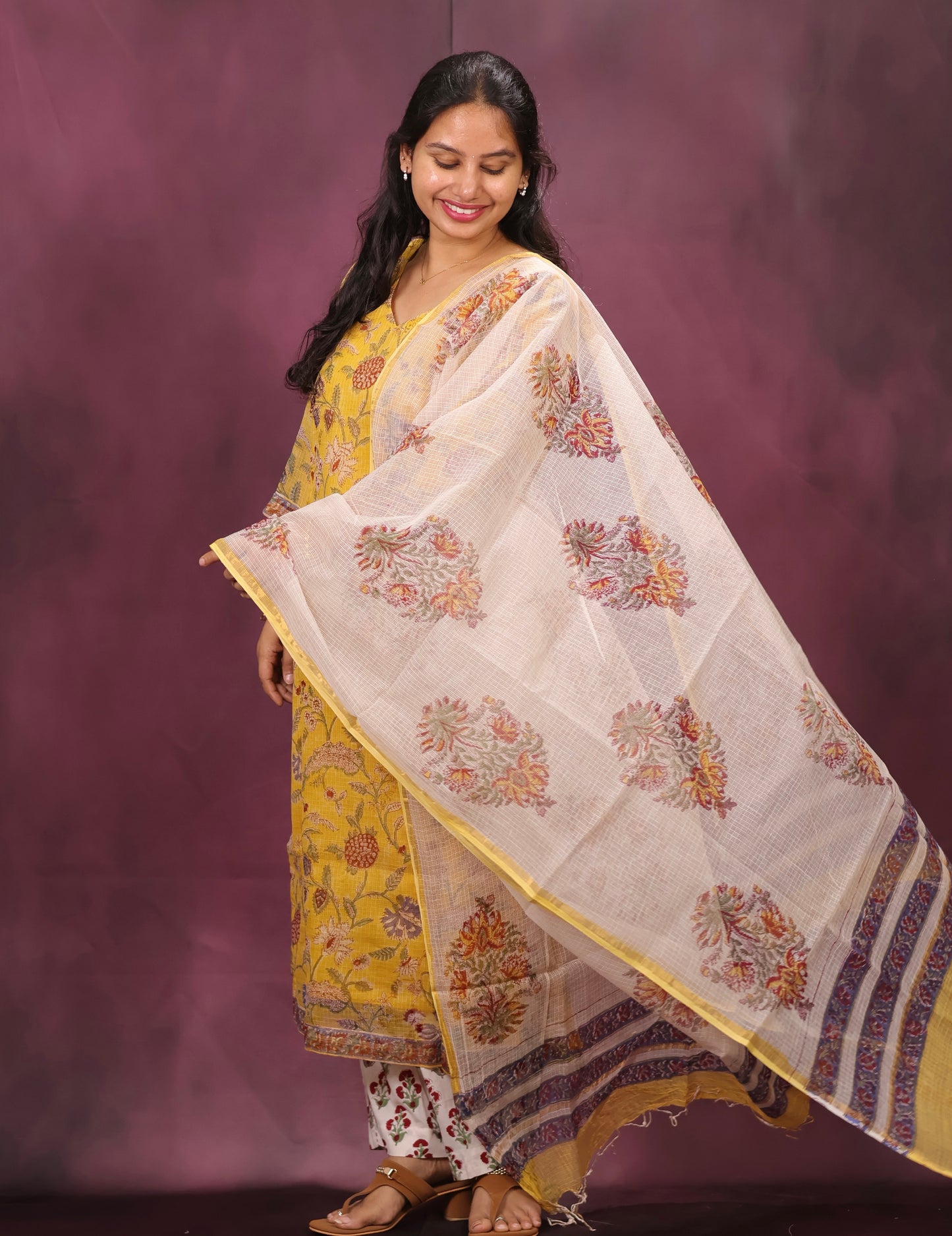 Yellow Handblock printed kota 3 piece suit (stitched)