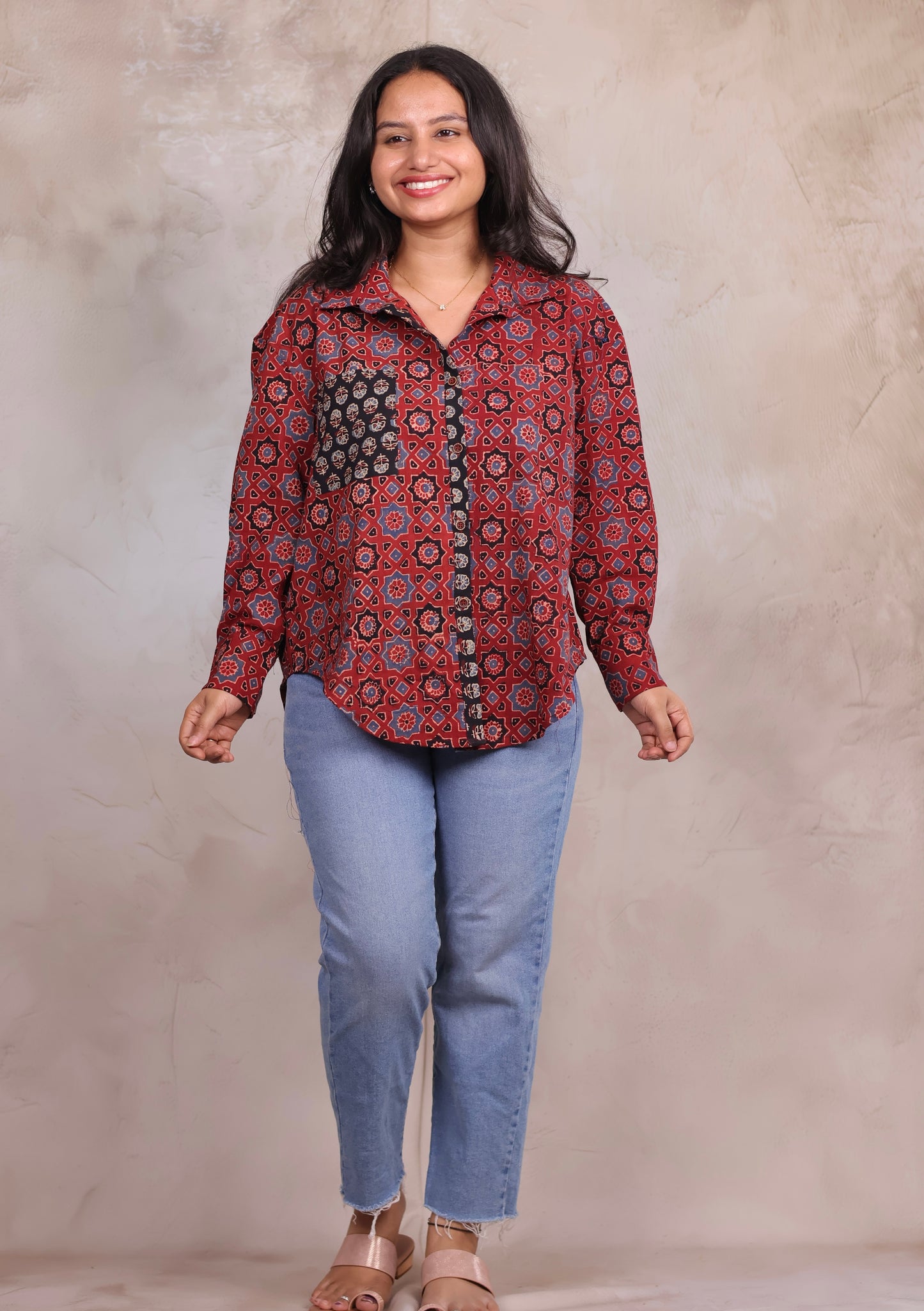 Red Ajrakh Handblock Printed Patch Work Shirt (Pure Cotton ) | Looms & Tassels