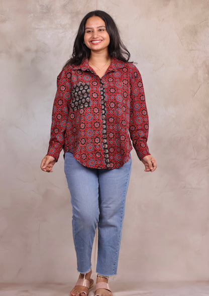 Red Ajrakh Handblock Printed Patch Work Shirt (Pure Cotton ) | Looms & Tassels