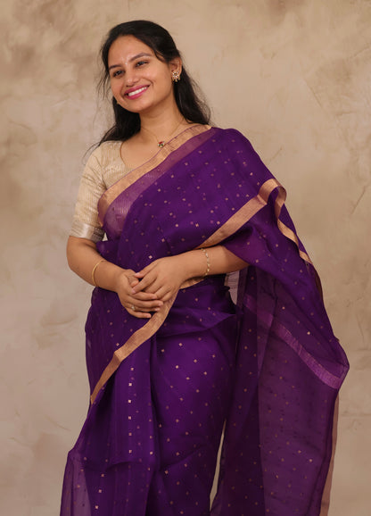 Purple Handwoven Muslin Silk Saree With Sequence Work | Looms & Tassels