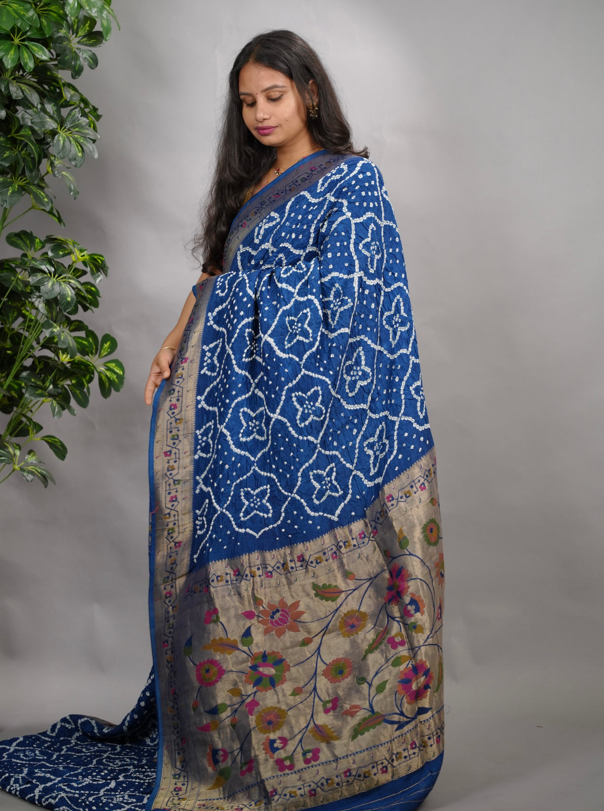 Blue Handcrafted  Pattern Bandhani Paithani Dola Silk Saree | Looms & Tassels