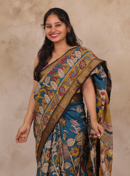 Blue Floral Kalamkari Nizam Border Chennur Silk Saree | Looms & Tassels