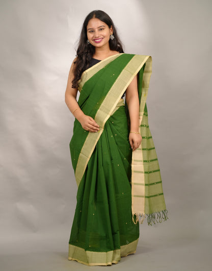 Green handloom venkatagiri cotton saree Without Blouse | Looms & Tassels