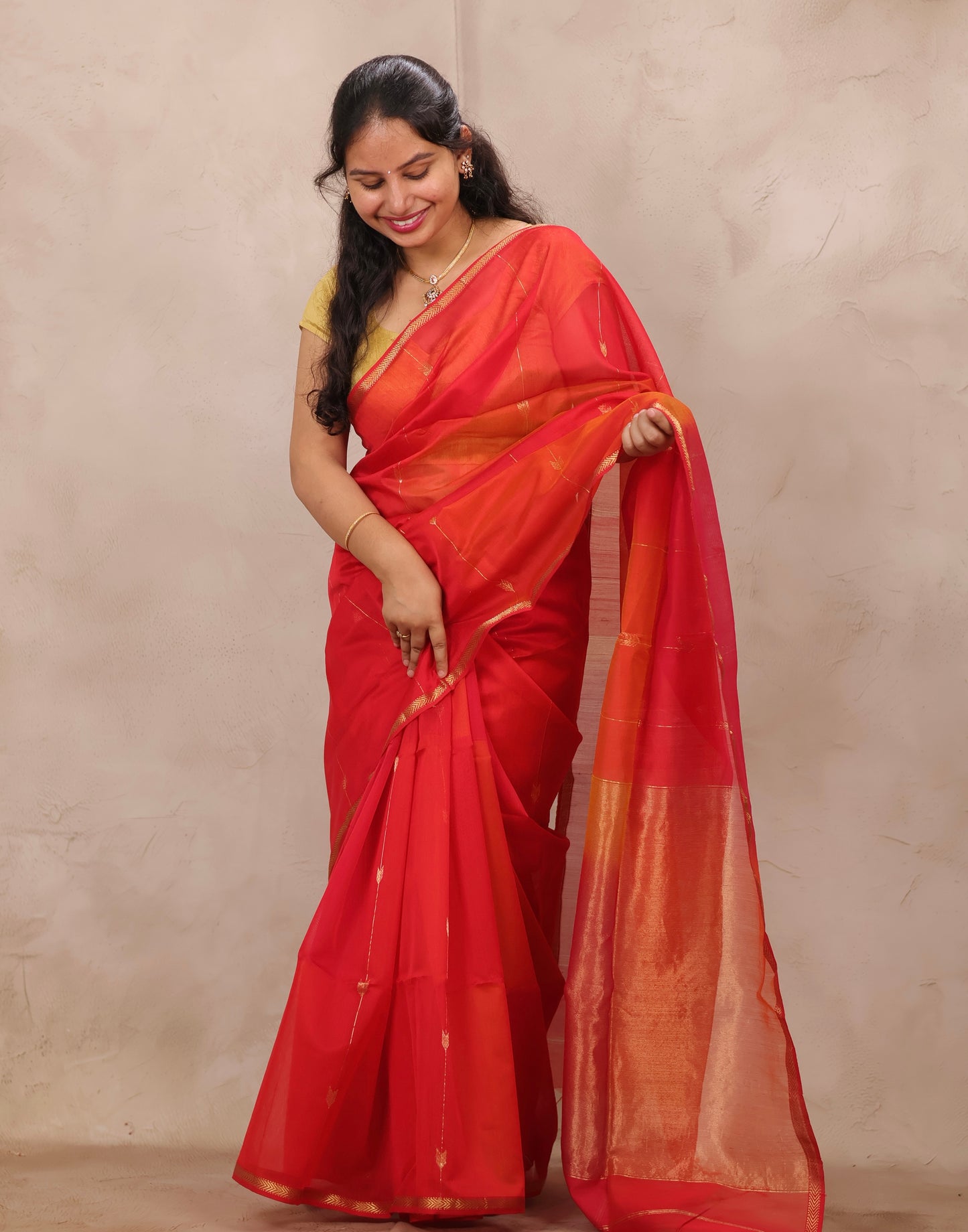 Orange Handloom Maheswari Silk Cotton Sarees | Looms & Tassels