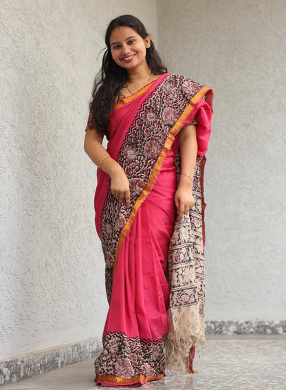 Pink Kalamkari dyeing premium chennur silk with hand block print saree