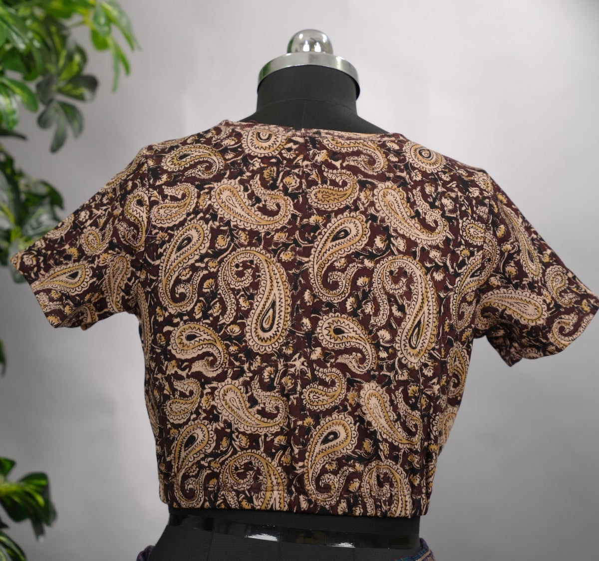 Maroon V Neck Stretchable Hand block printed kalamkari blouse (small hands)  | Looms & Tassels