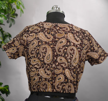 Maroon V Neck Stretchable Hand block printed kalamkari blouse (small hands)  | Looms & Tassels
