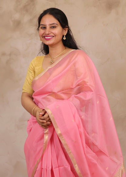 Baby Pink Handloom Maheswari Silk Cotton Sarees | Looms & Tassels
