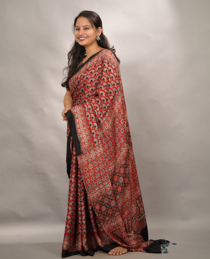 Maroon Authentic Ajrakh Handblock Printed Modal Silk Saree | Looms & Tassels