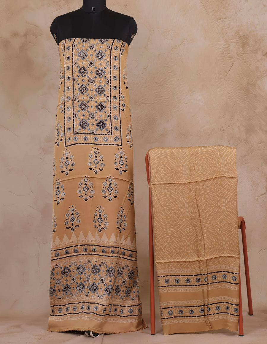 Cream Ajrakh Hand Block Printed Natural Dyed Modal Silk 2 Piece Suit Set | Looms & Tassels