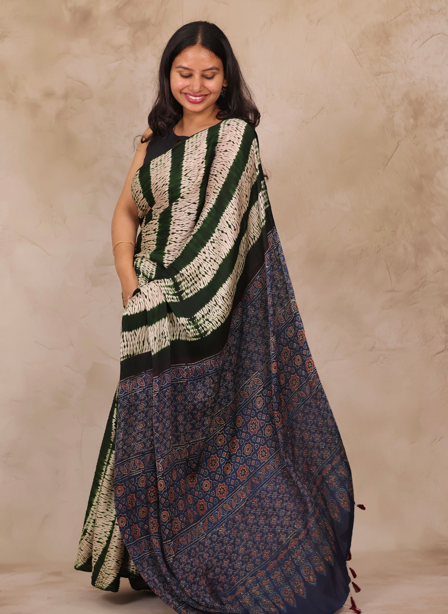 Bottle Green Needle Shibori and Ajrakh Handblock Printed Modal Silk Saree | Looms & Tassels