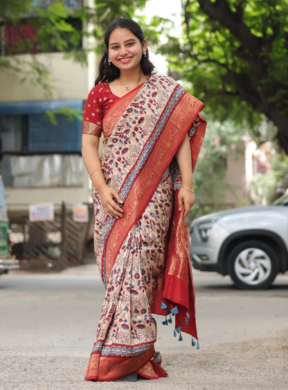 Cream Ajrakh Dola Silk Saree