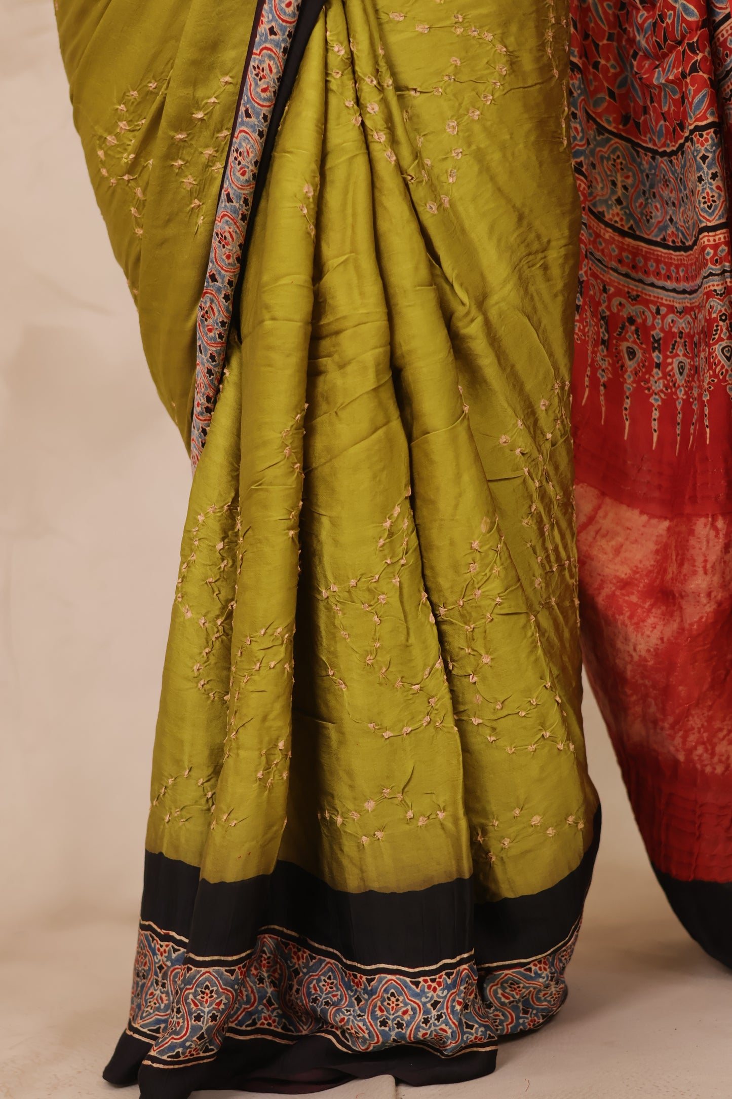 Lemon Green Hand Knotted Bandhej Arakh Modal Silk Saree with Lagdi Pallu | Looms & Tassels